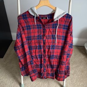 Red and blue oversized hooded flannel; BDG from Urban Outfitters (Size XS)